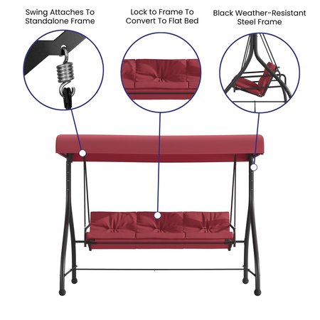 Flash Furniture Maroon 3-Seater Convertible Canopy Patio Swing/Bed TLH-007-MRN-GG